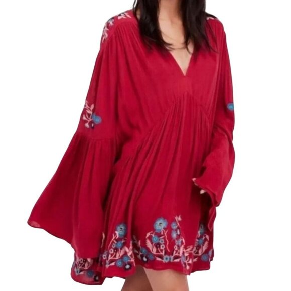 Free People Te Amo Embroidered Flare Sleeve V Neck Babydoll Swing Dress Size M - Picture 6 of 13